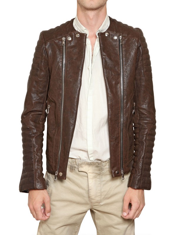 Balmain Brown Nappa Leather Biker Jacket For Men