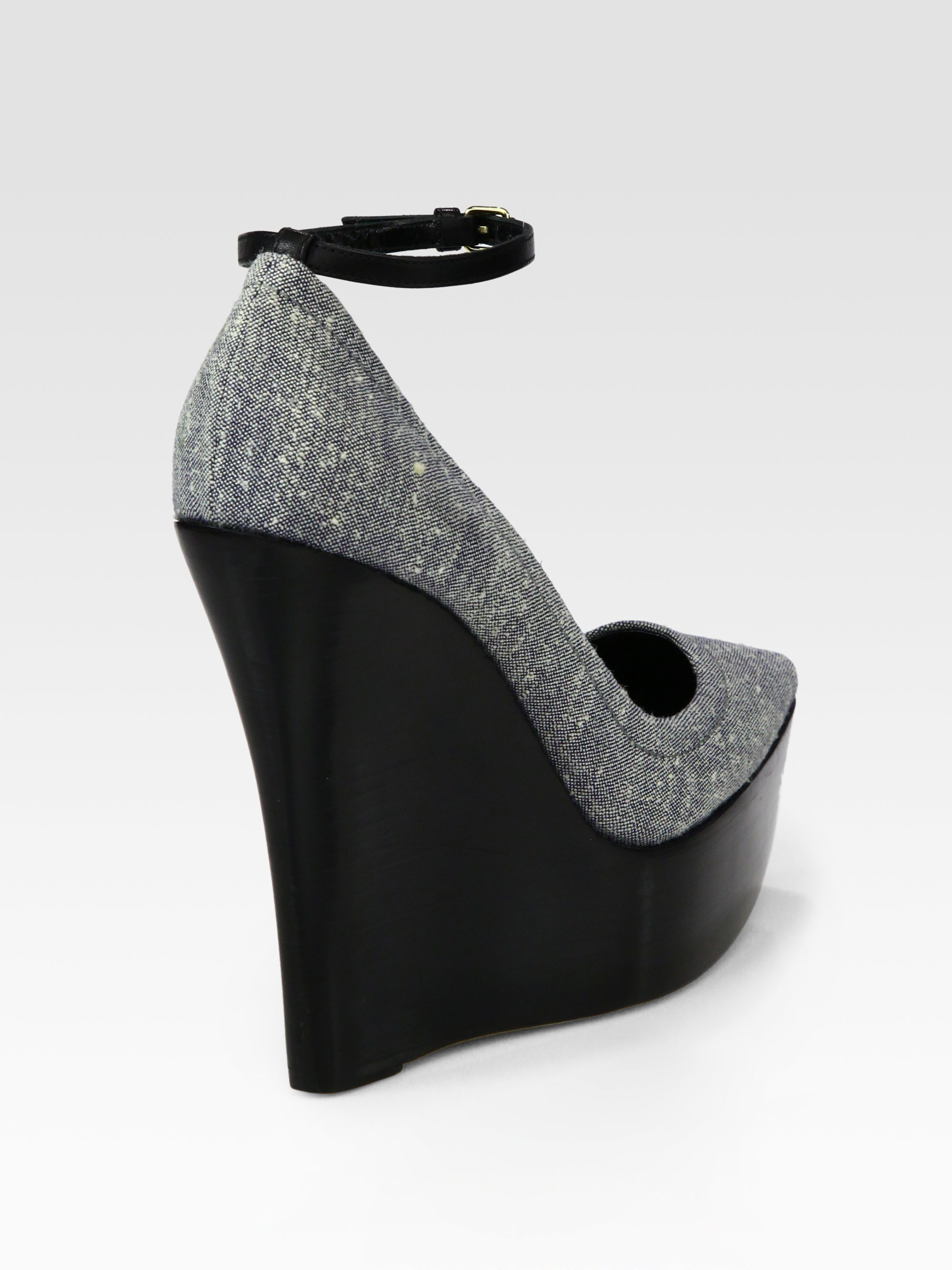 Lyst Burberry Leicester Tweed Ankle Strap Wedge Pumps in Gray