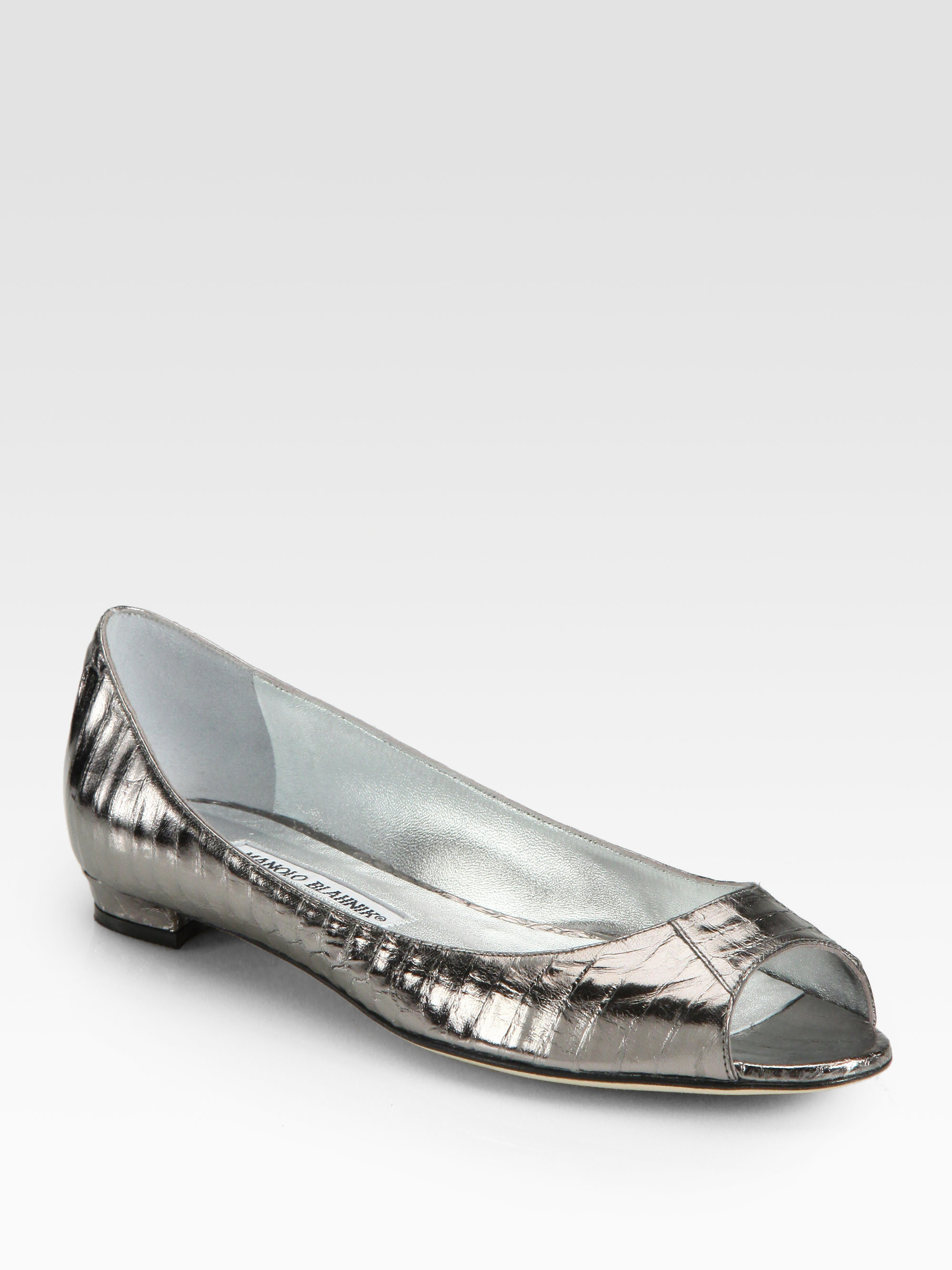 gunmetal shoes for women on Manolo Blahnik Metallic Snakeskin Peep Toe Ballet Flats Lyst