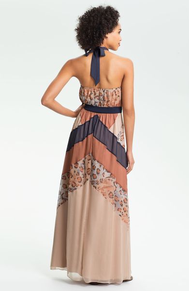 Jessica Simpson Print Chiffon Halter Maxi Dress in Brown (peach blossom ...