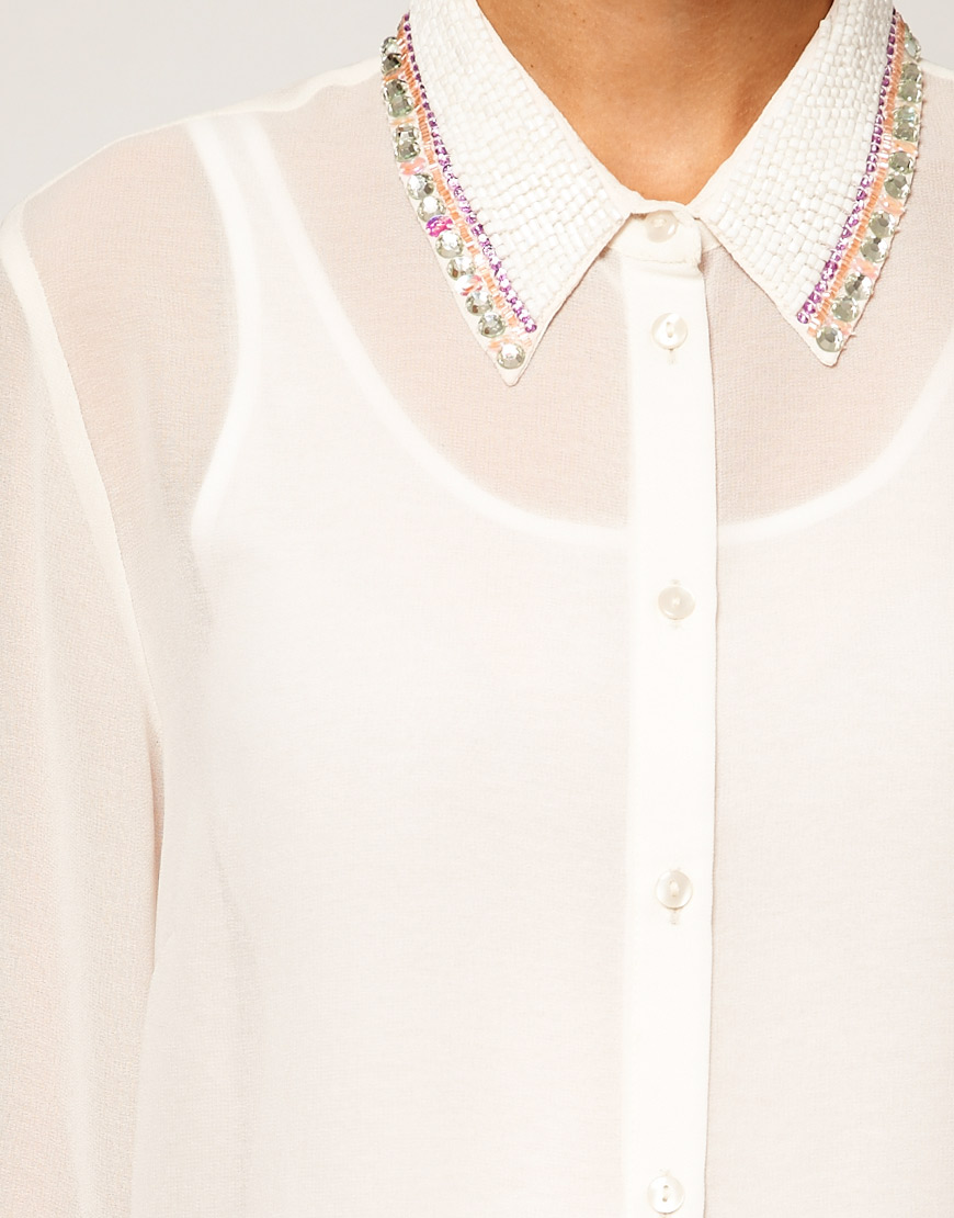 Asos Collection Blouse With Bugle Beaded Collar In White Lyst