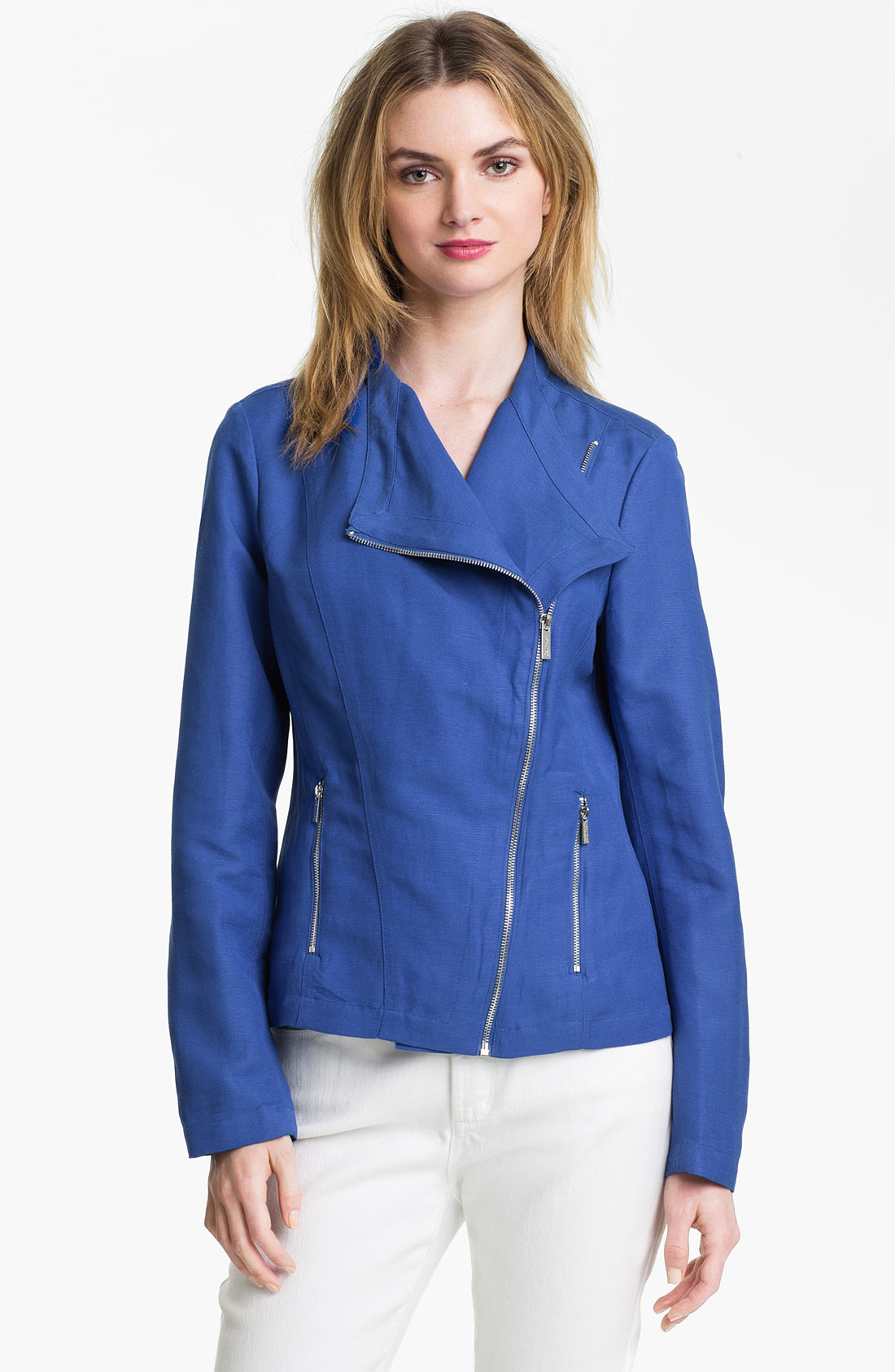 Calvin Klein Linen Blend Moto Jacket in Blue (cobalt) | Lyst