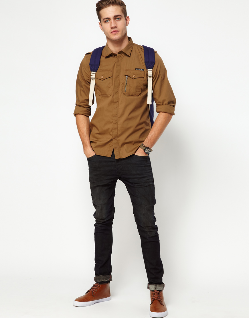 Brown shirt mens outfit clearance