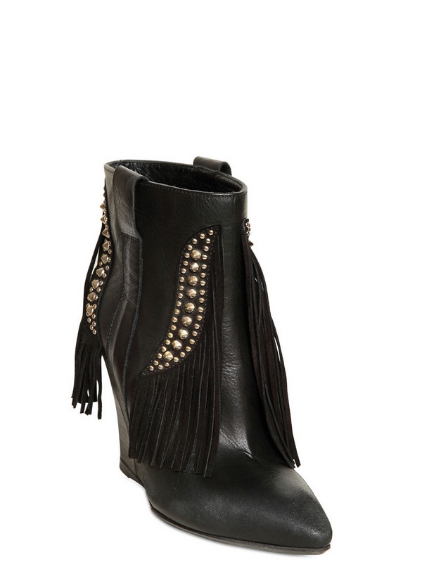 Lyst Strategia Leather and Suede Fringe Wedge Boots in Black