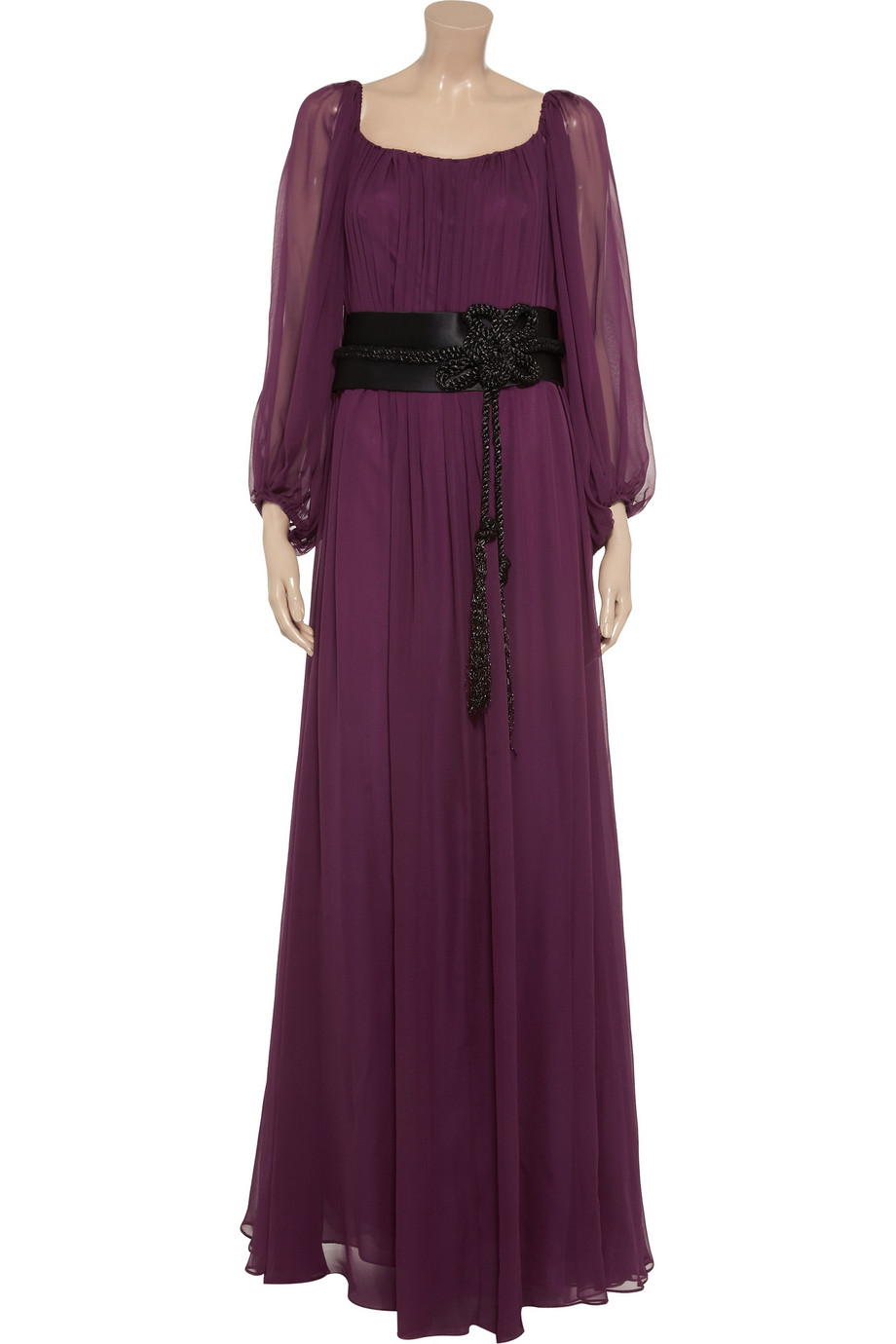 Marchesa notte Contrast Beltdetail Silkchiffon Gown in Plum (Purple) - Lyst