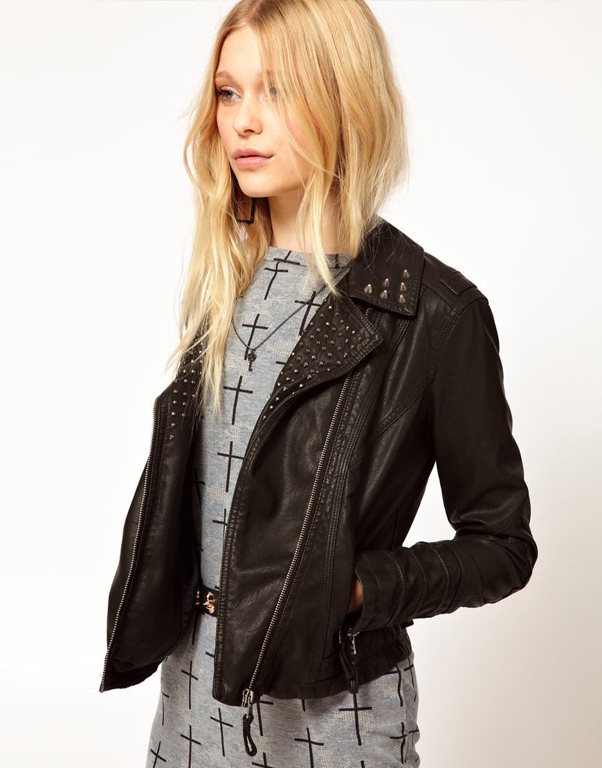 River Island Black Leather Look Stud Biker Jacket