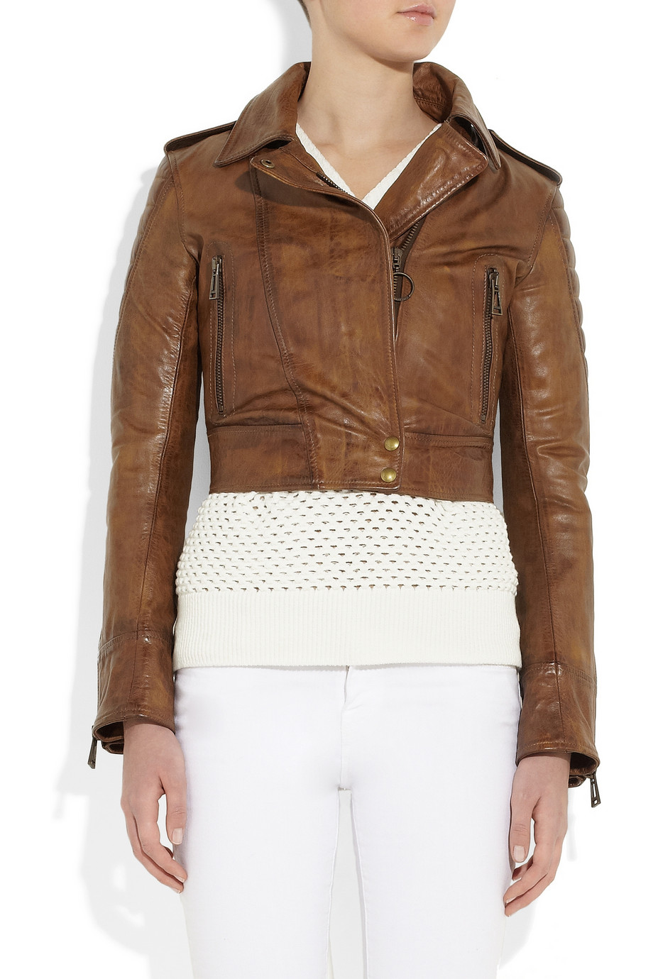Brown leather jacket cropped Outlet