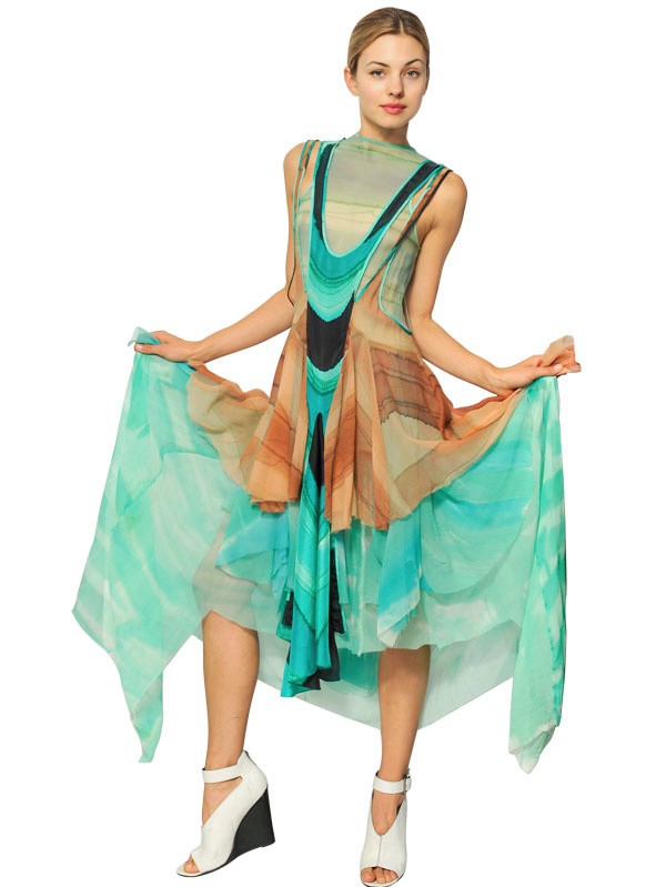 Lyst - Felicity Brown Ruffled Printed Silk Chiffon Long Dress in Blue