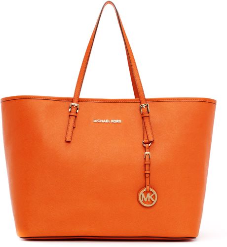 Michael Michael Kors Medium Jet Set Saffiano Travel Tote Bag in Orange ...