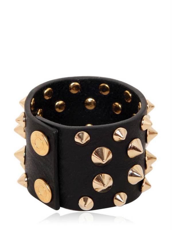 Balmain Studded Leather Bracelet Gold in Black - Lyst