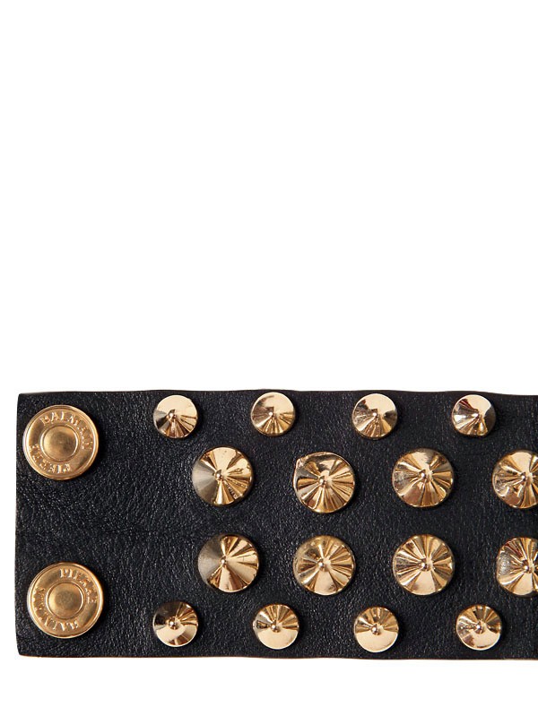 Balmain Studded Leather Bracelet Gold in Black | Lyst