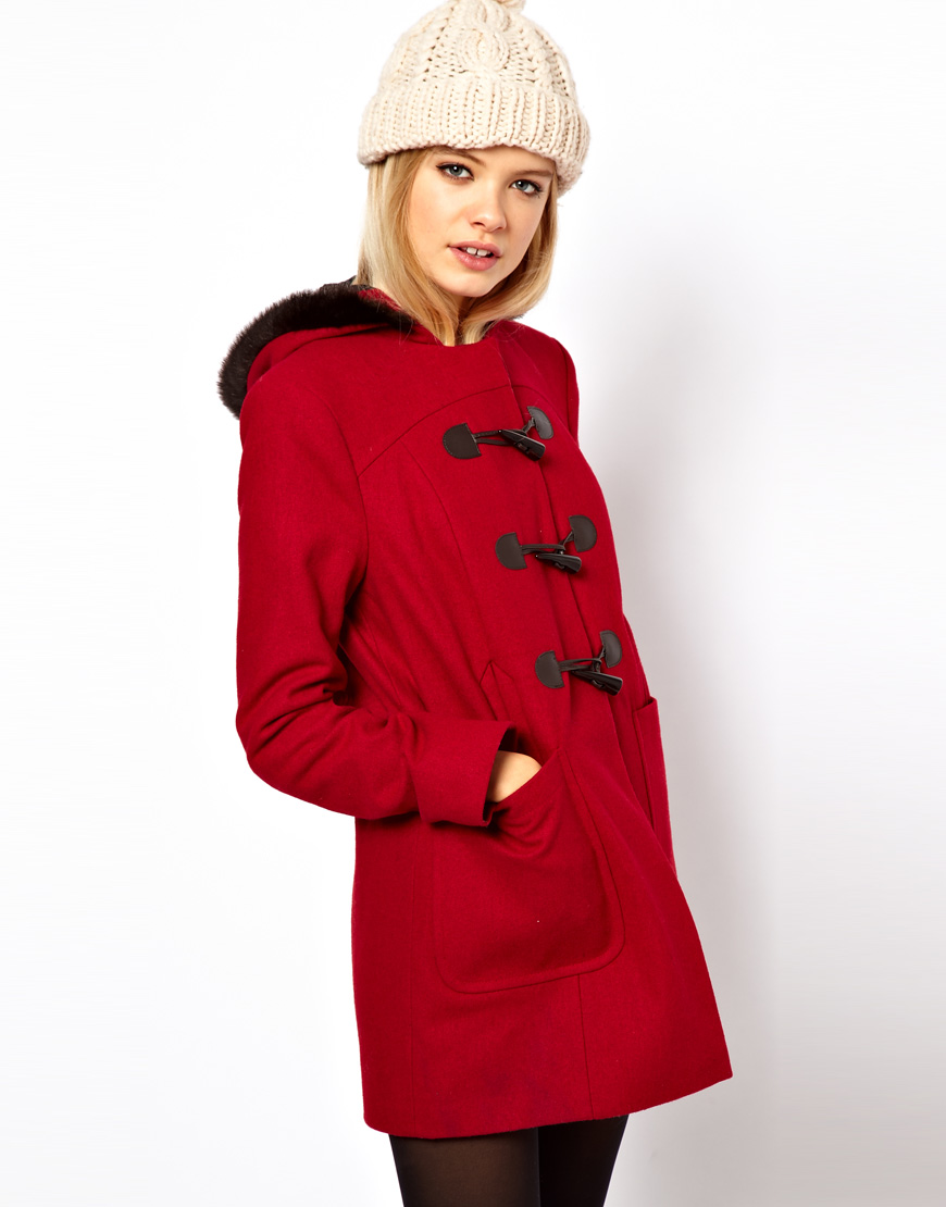 Lyst - Asos Collection Duffle Coat with Fur Trim Hood in Red
