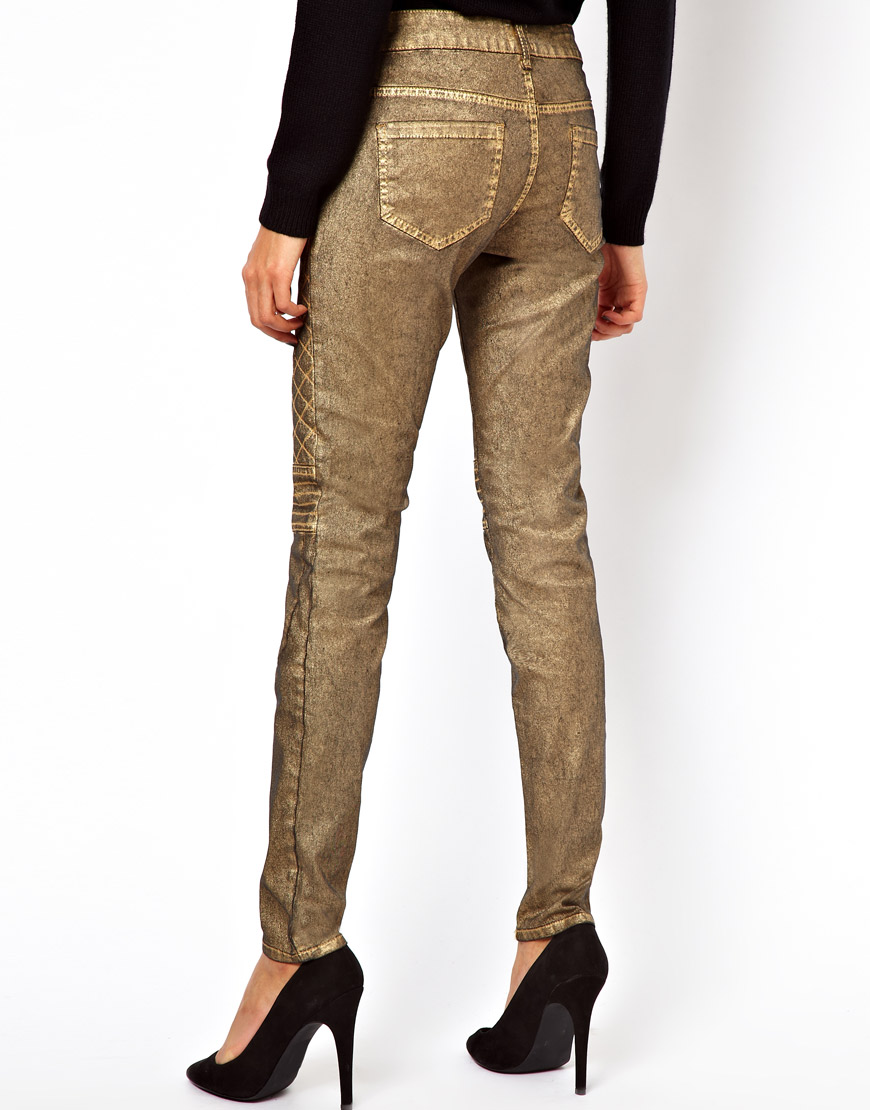 Asos Biker Skinny Jeans in Distressed Bronze in Metallic Lyst