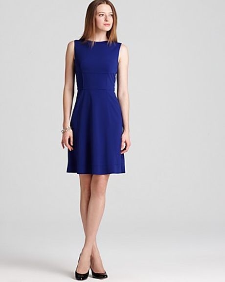 Elie Tahari Leather Trim Dress in Blue | Lyst