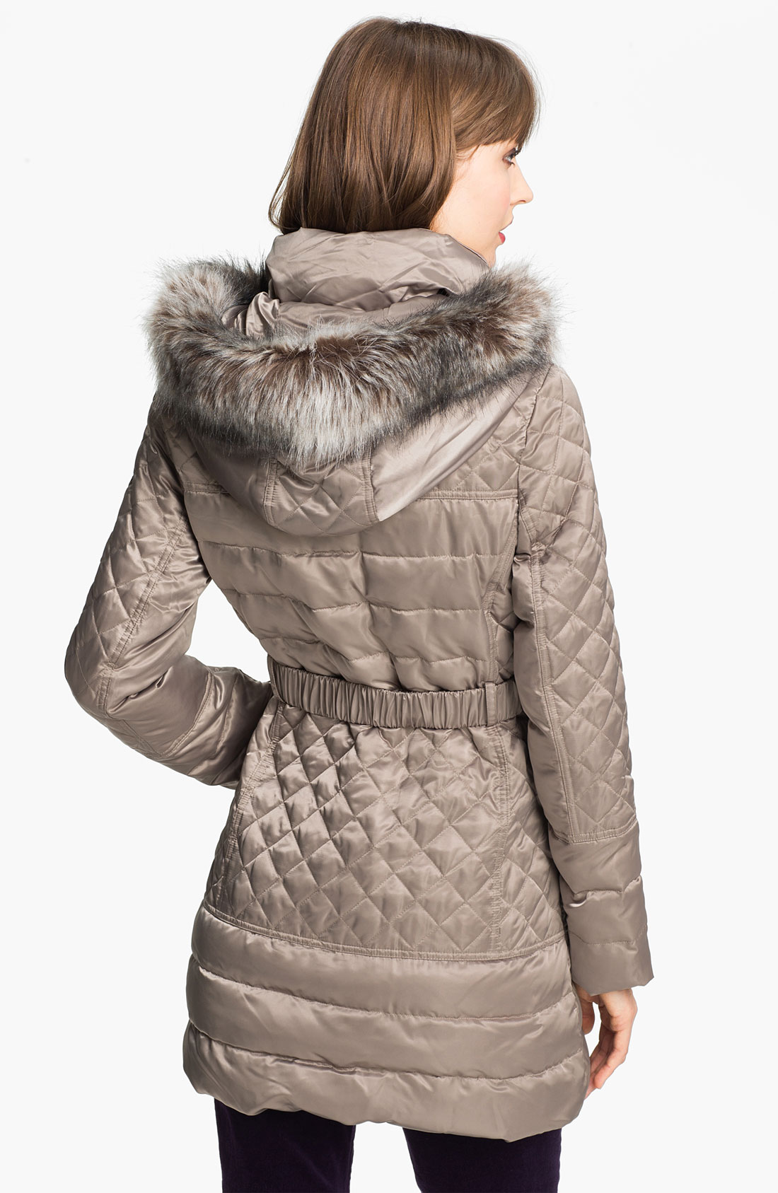 Guess Faux Fur Trim Quilted Satin Jacket Online Exclusive in Gold