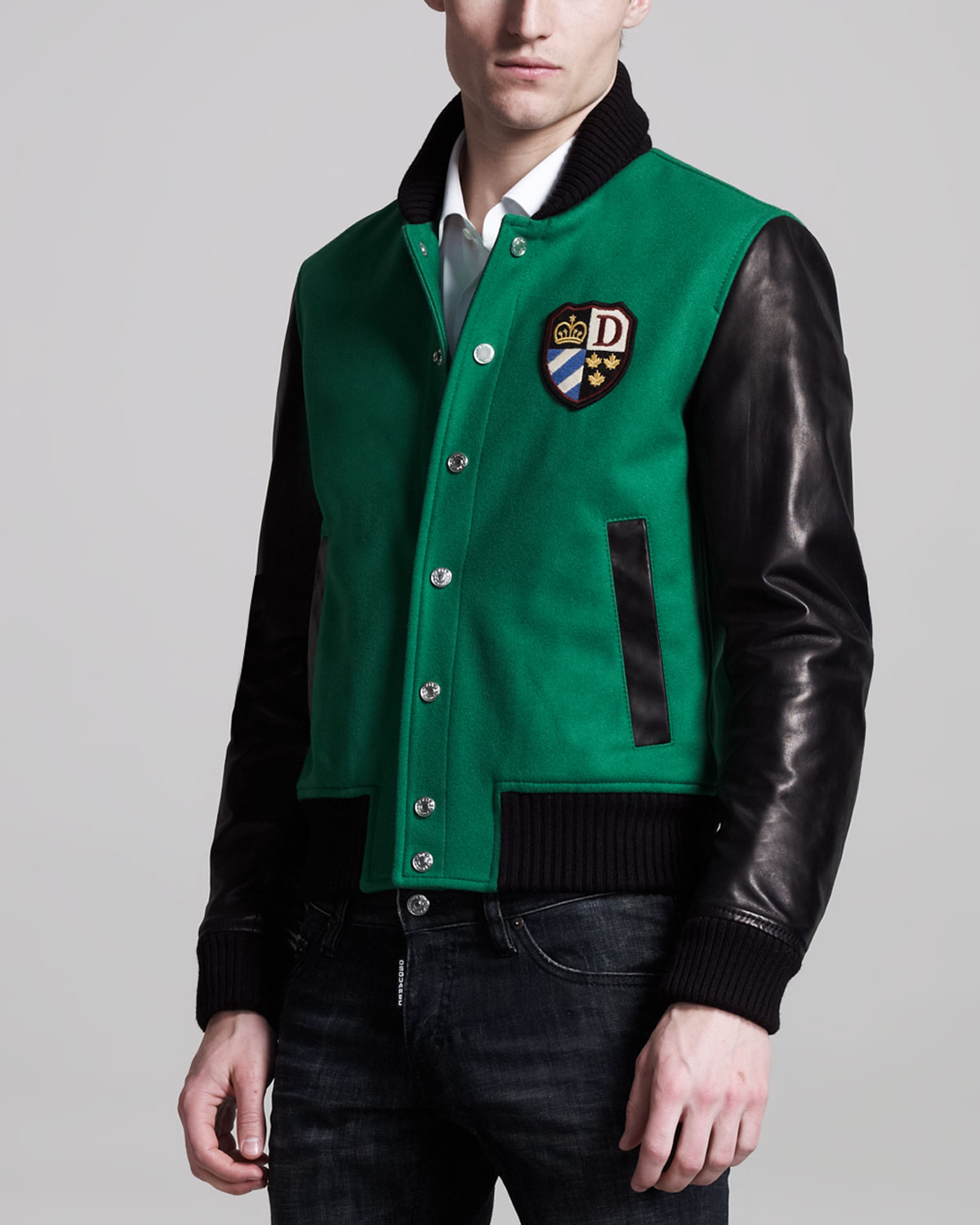 DSquared² Leathersleeve Varsity Jacket in Green/Black (Green) for Men ...