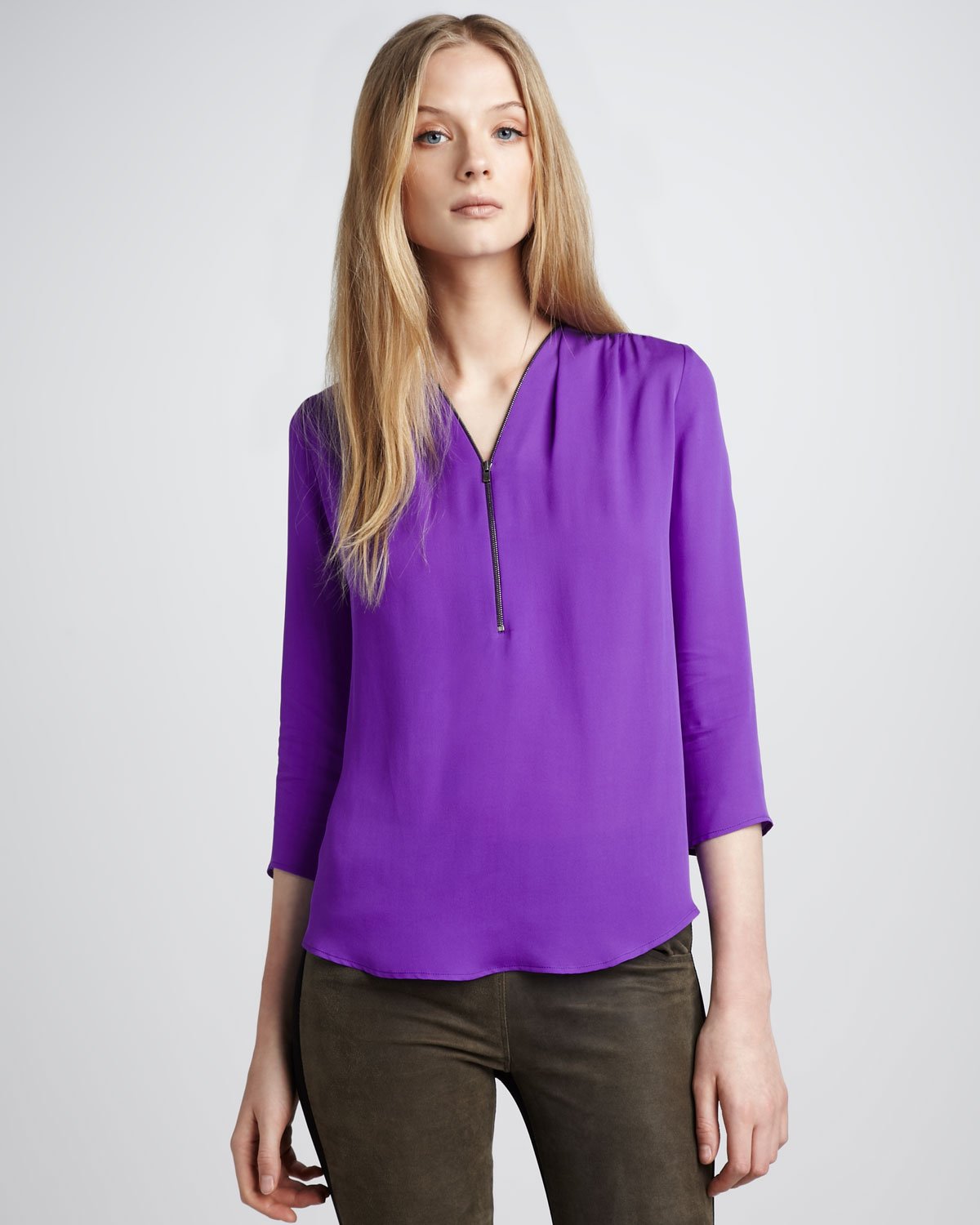 Lyst - Theory Silk Zip Blouse in Purple