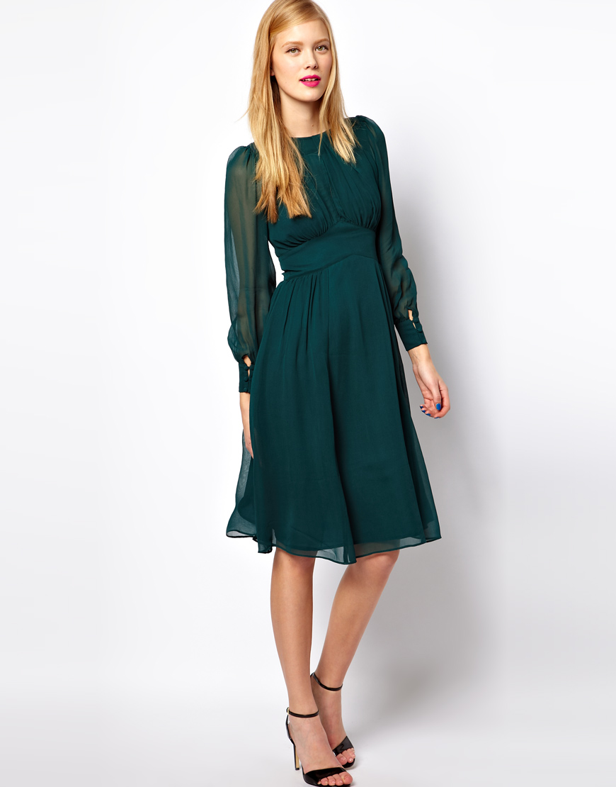Lyst - Asos Midi Dress with Gathered Front in Green