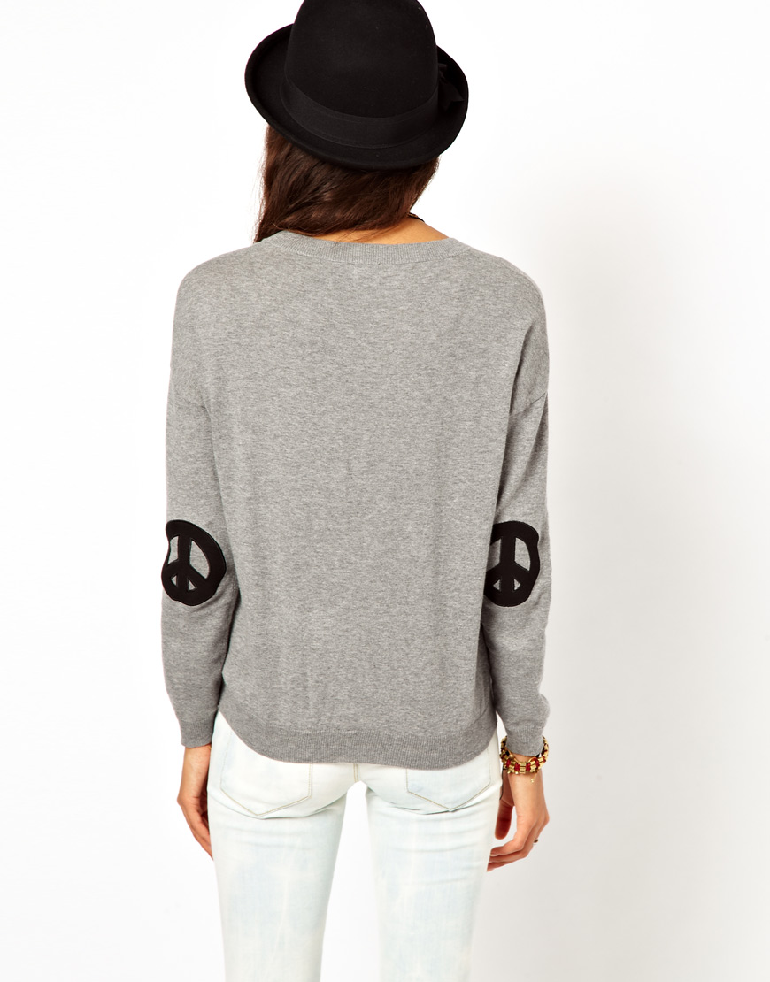 ASOS Sweater with Peace Sign Elbow Patches in Grey (Gray) - Lyst