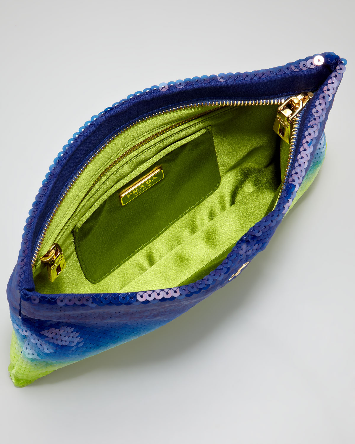 blue and green clutch bag