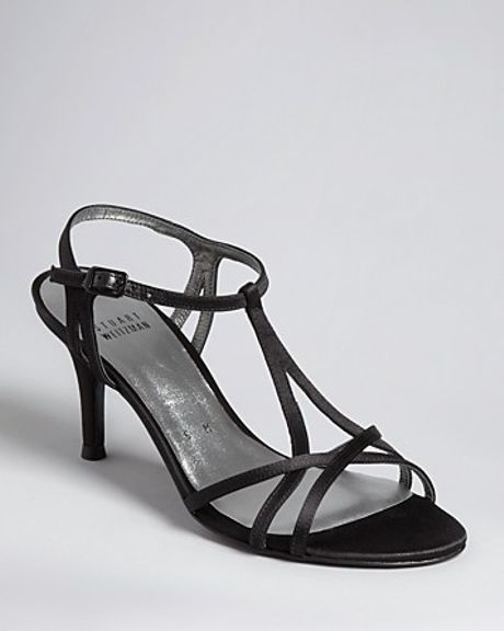 Stuart Weitzman T Strap Evening Sandals Yvette Mid Heel in Black | Lyst