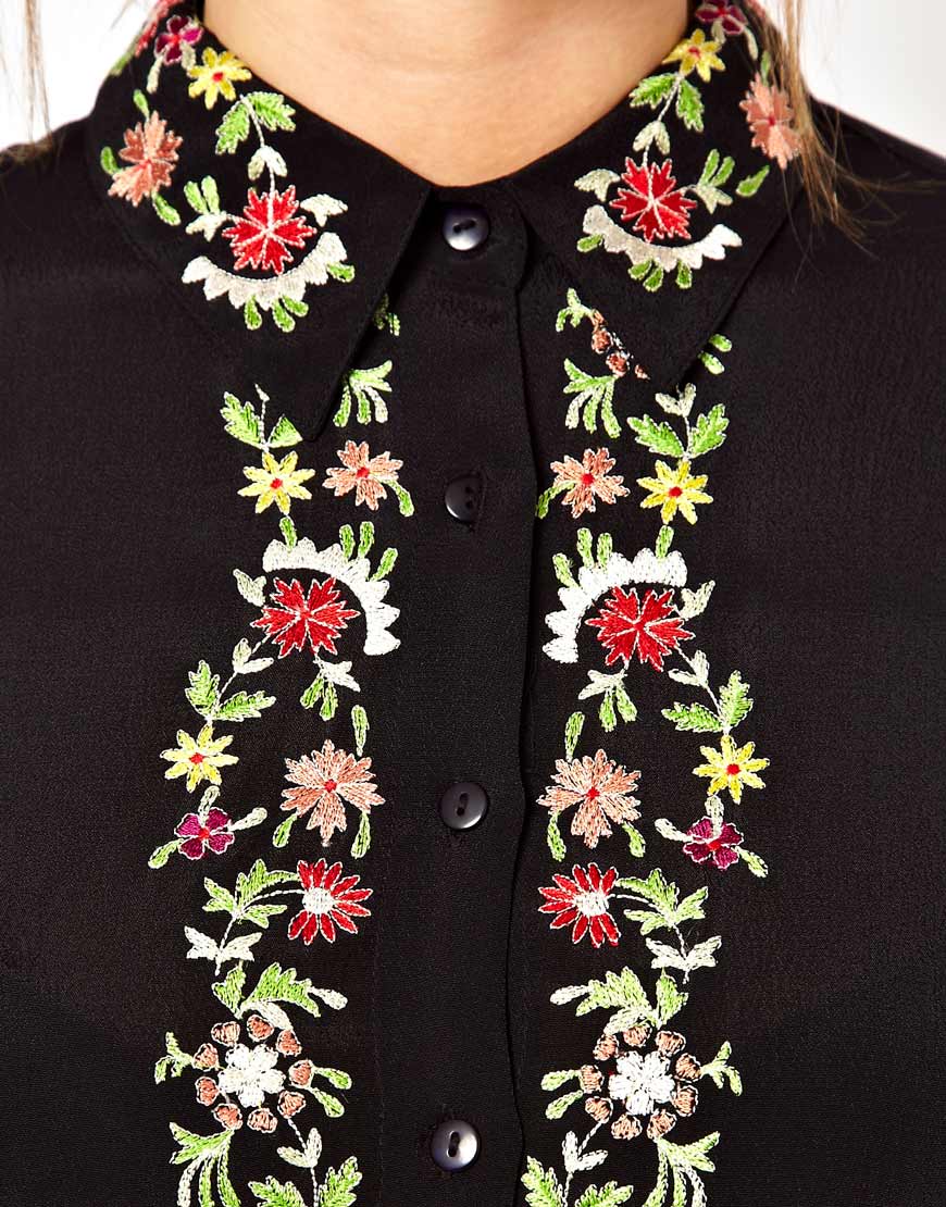asos shirt dress with floral embroidery in black lyst asos shirt dress with floral embroidery in black lyst