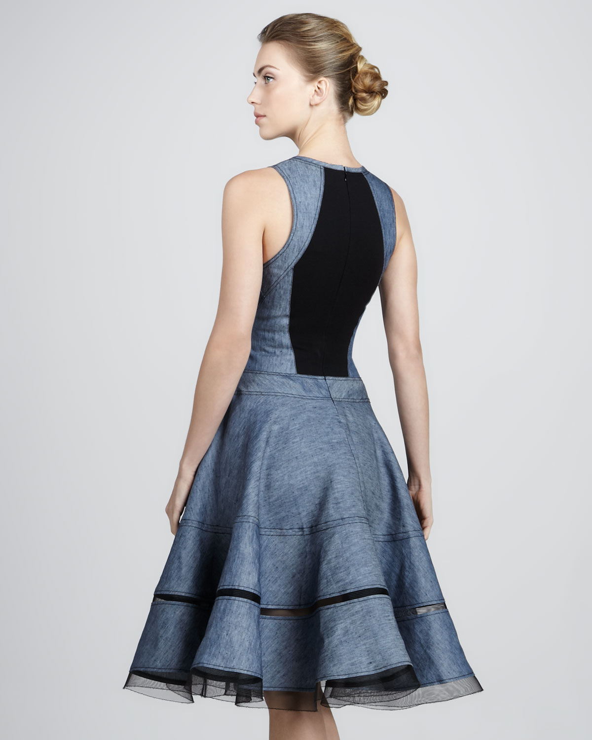 denim fit and flare midi dress