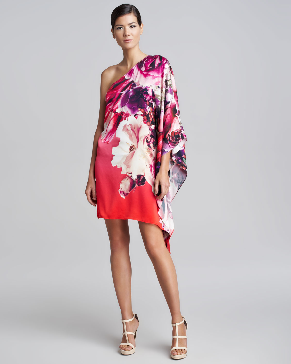Roberto Cavalli One Shoulder Draped Floral Dress In Red Lyst