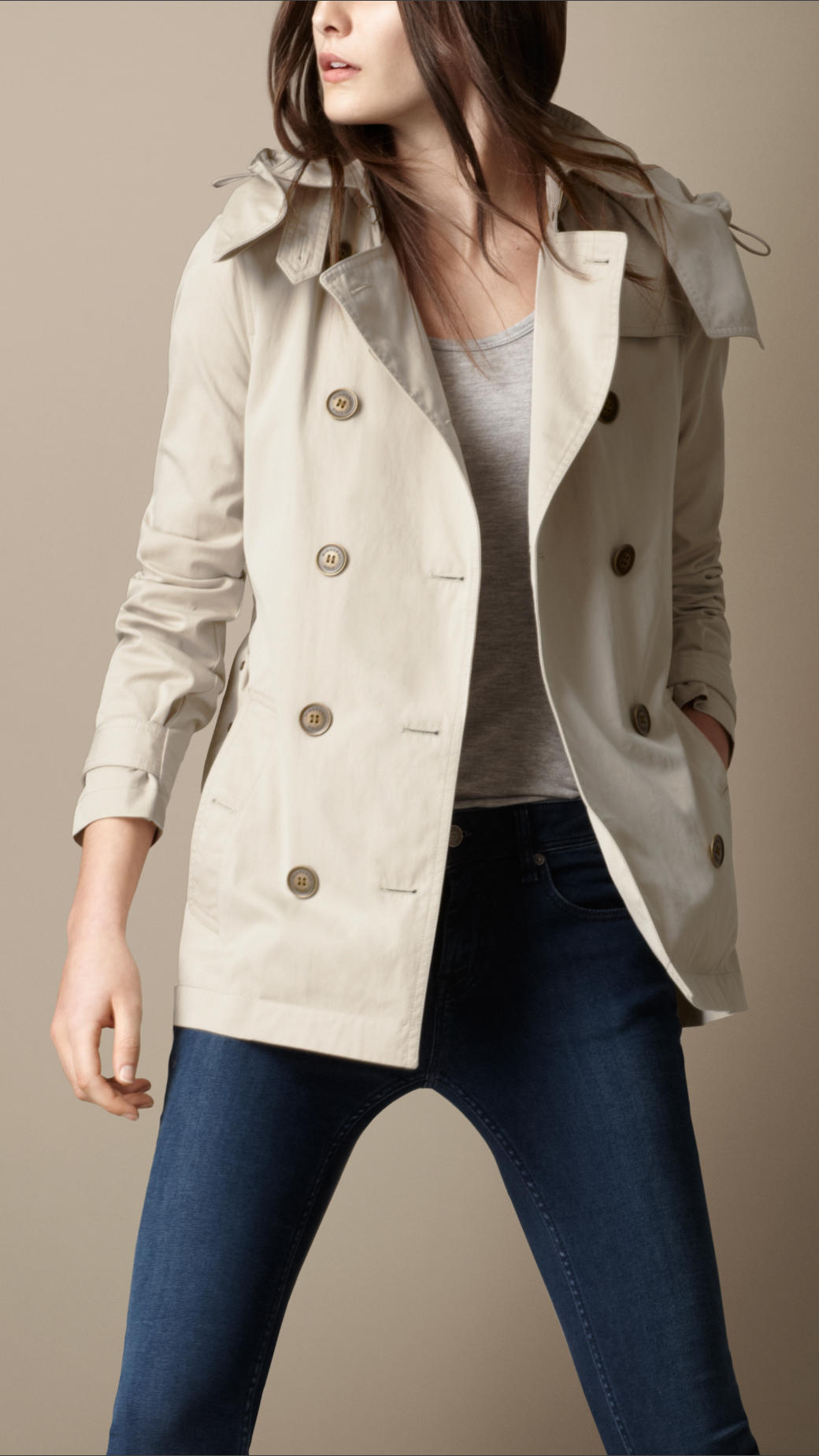 Burberry Brit Short Cotton Nylon Gabardine Detachable Hood Trench Coat in  Natural | Lyst