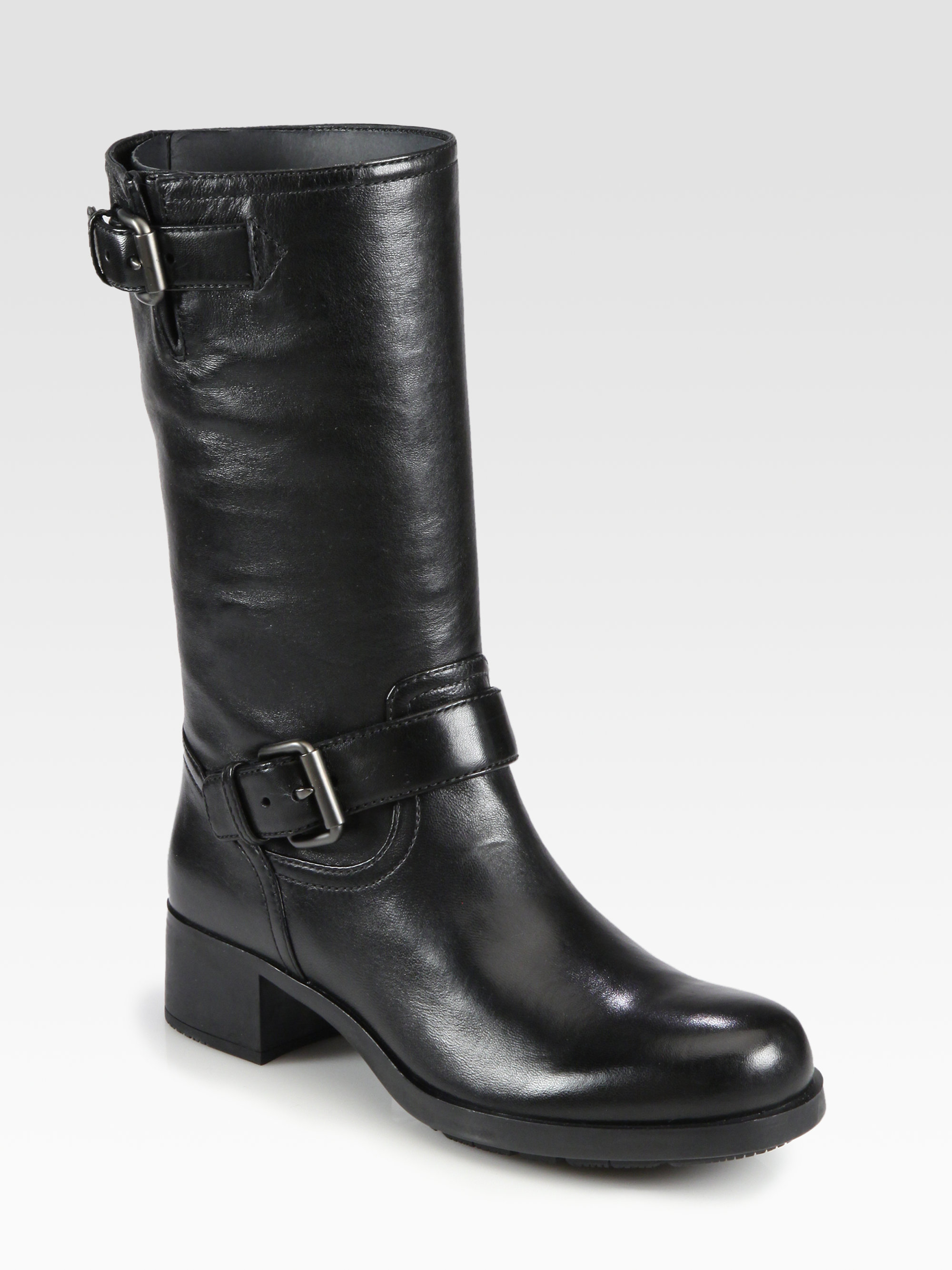 Prada Leather Motorcycle Boots in Black | Lyst