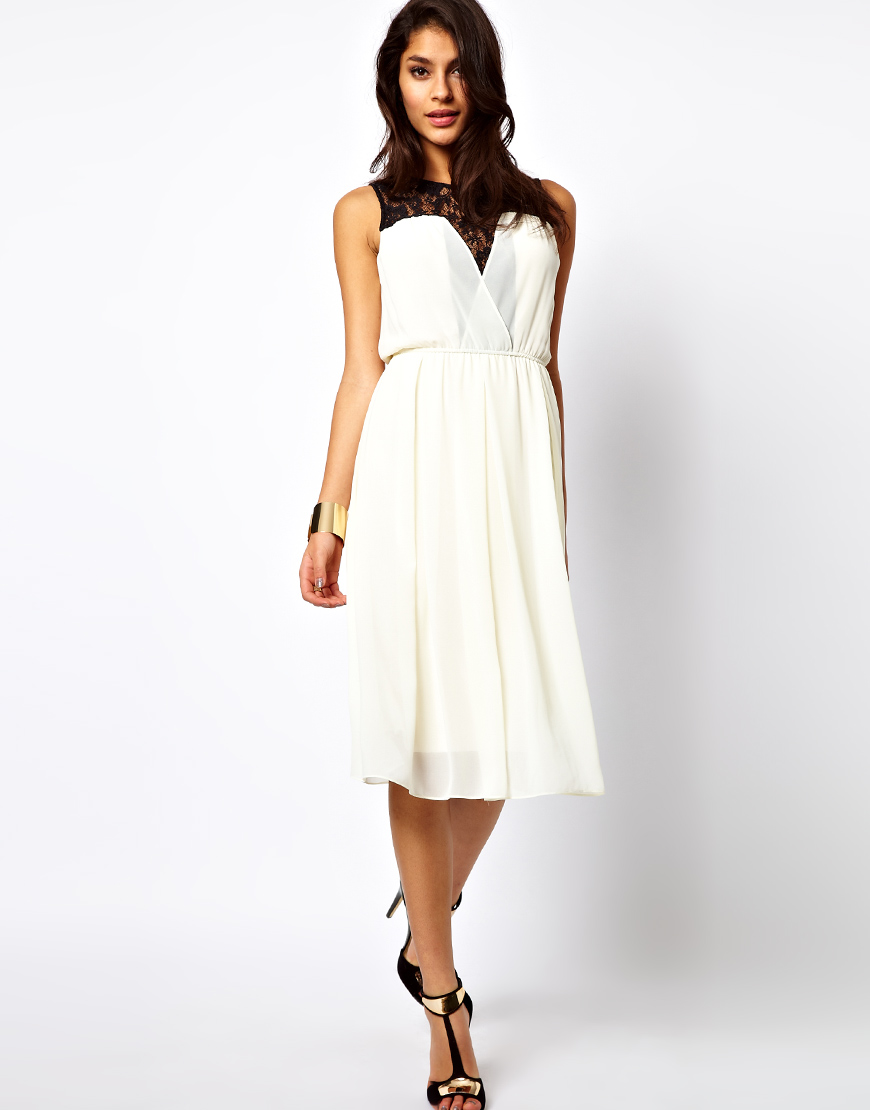 Lyst - Tfnc london Midi Dress with Lace Insert Gathered Waist in White
