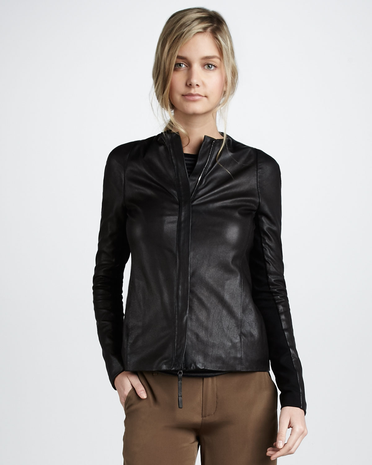 Vince Leather Crewneck Jacket in Black - Lyst