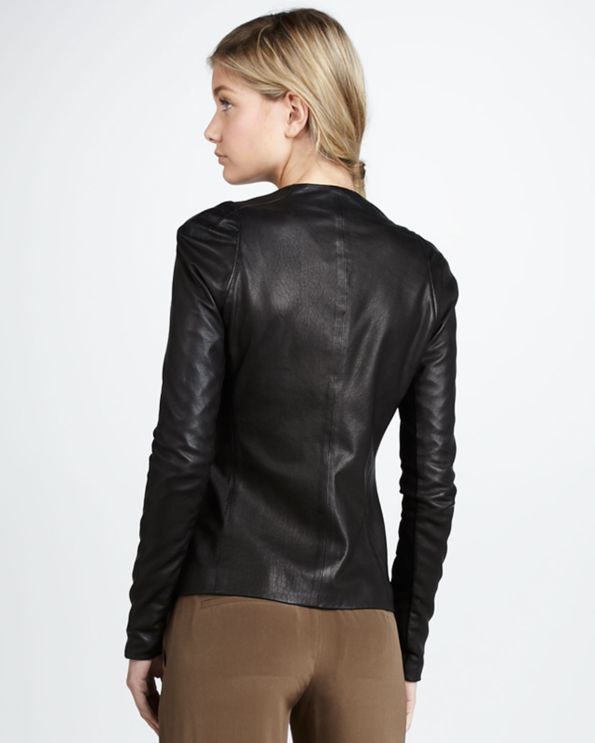 Vince Leather Crewneck Jacket in Black - Lyst