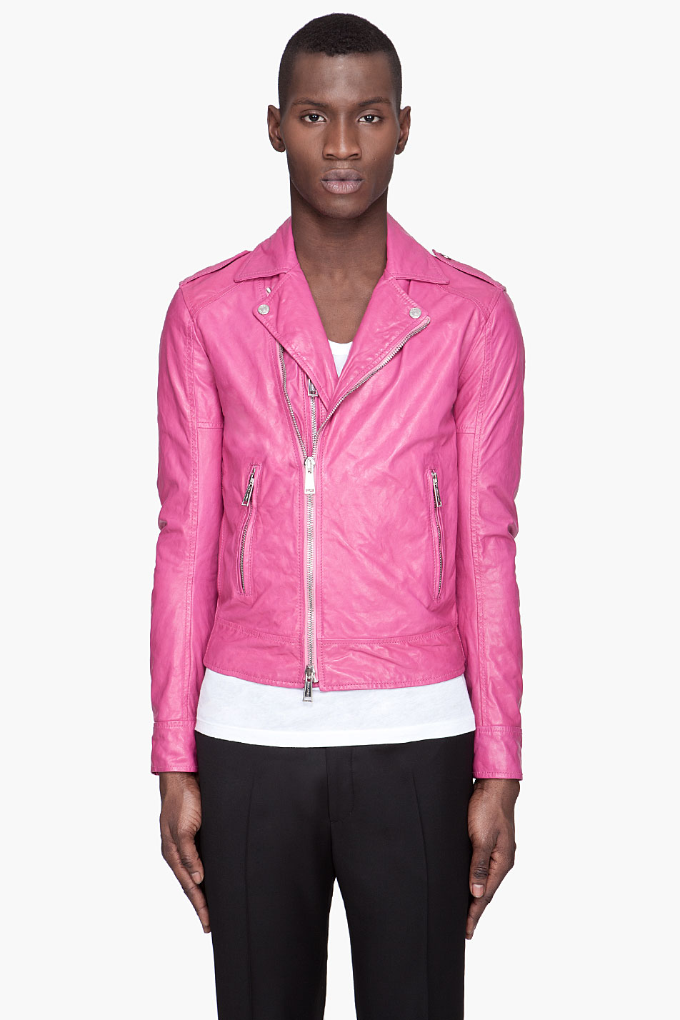 pink leather bomber jacket