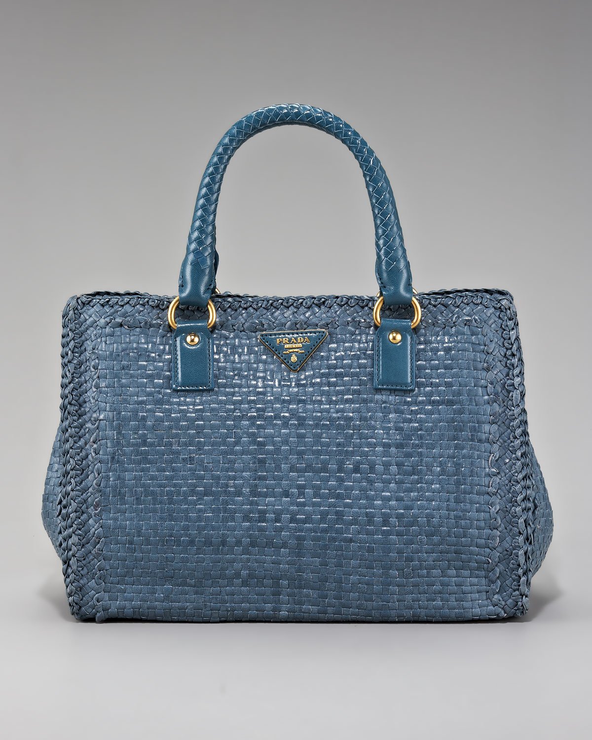 Lyst - Prada Madras Woven Leather Tote in Blue