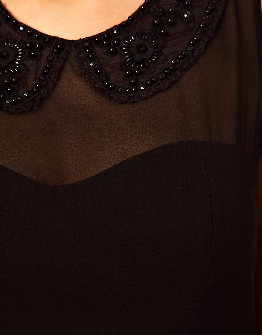 Lyst - Asos Pleated Dress with Embellished Collar in Black