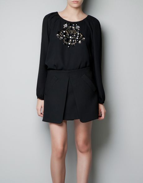 zara embroidered top with diamante in black lyst zara embroidered top with diamante in black lyst