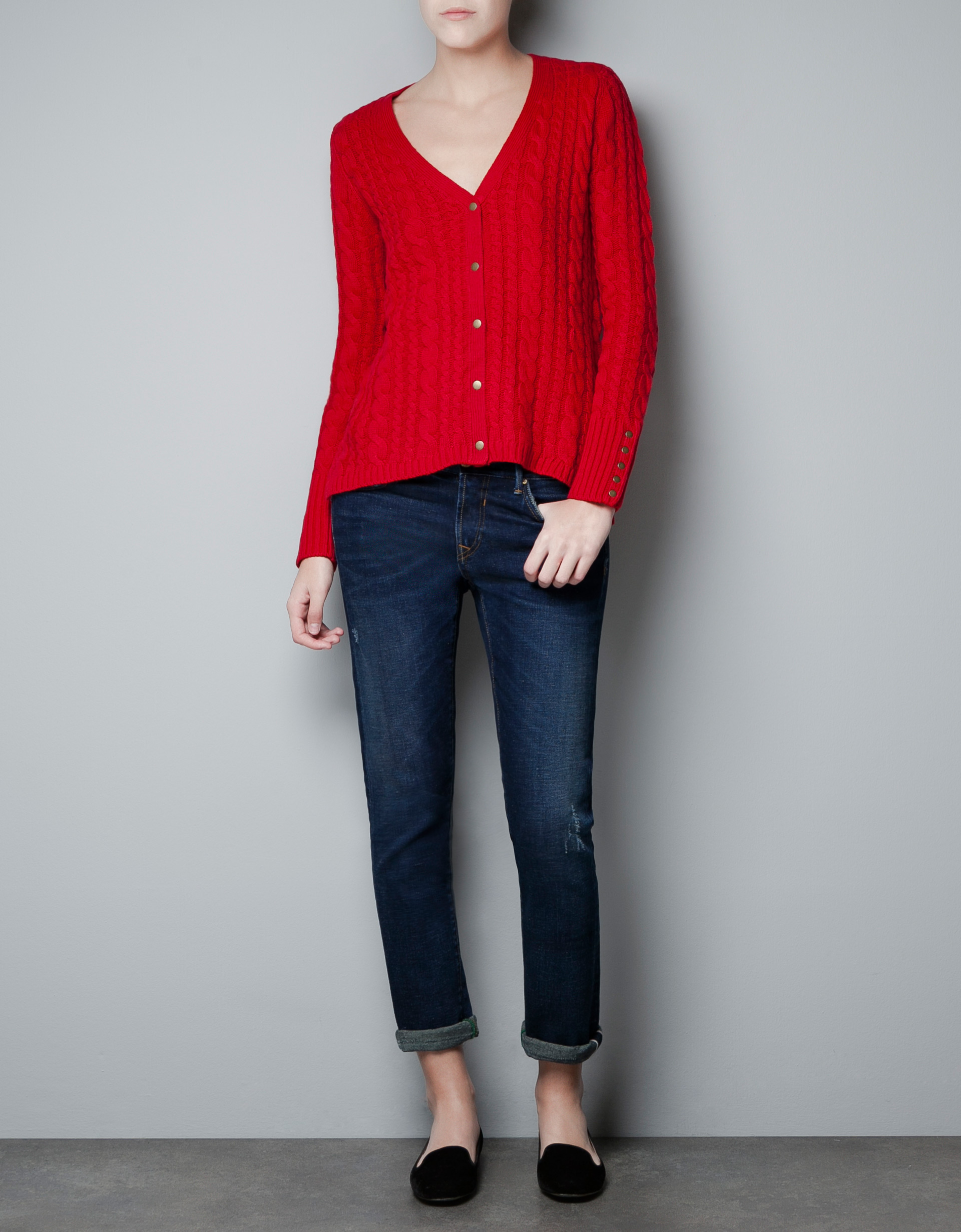 Zara Cable Knit Cardigan in Red | Lyst