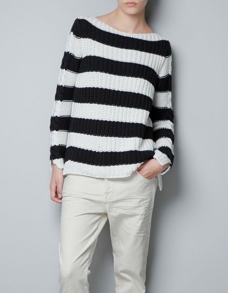 Zara Cable Knit Striped Sweater in White (white/navy) | Lyst