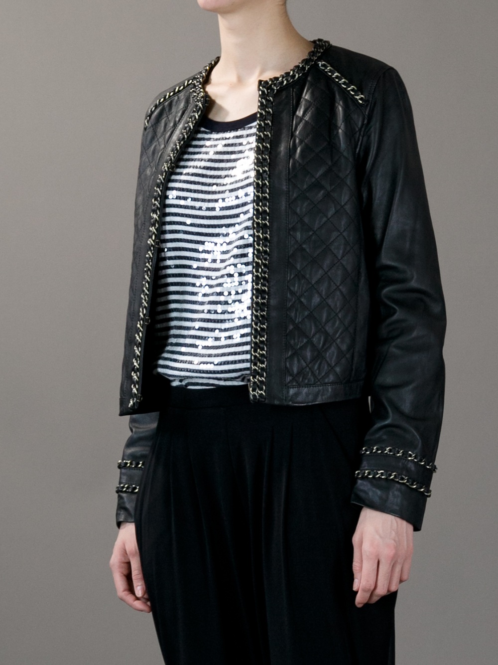 Michael Kors Chain Detailed Leather Jacket in Black - Lyst