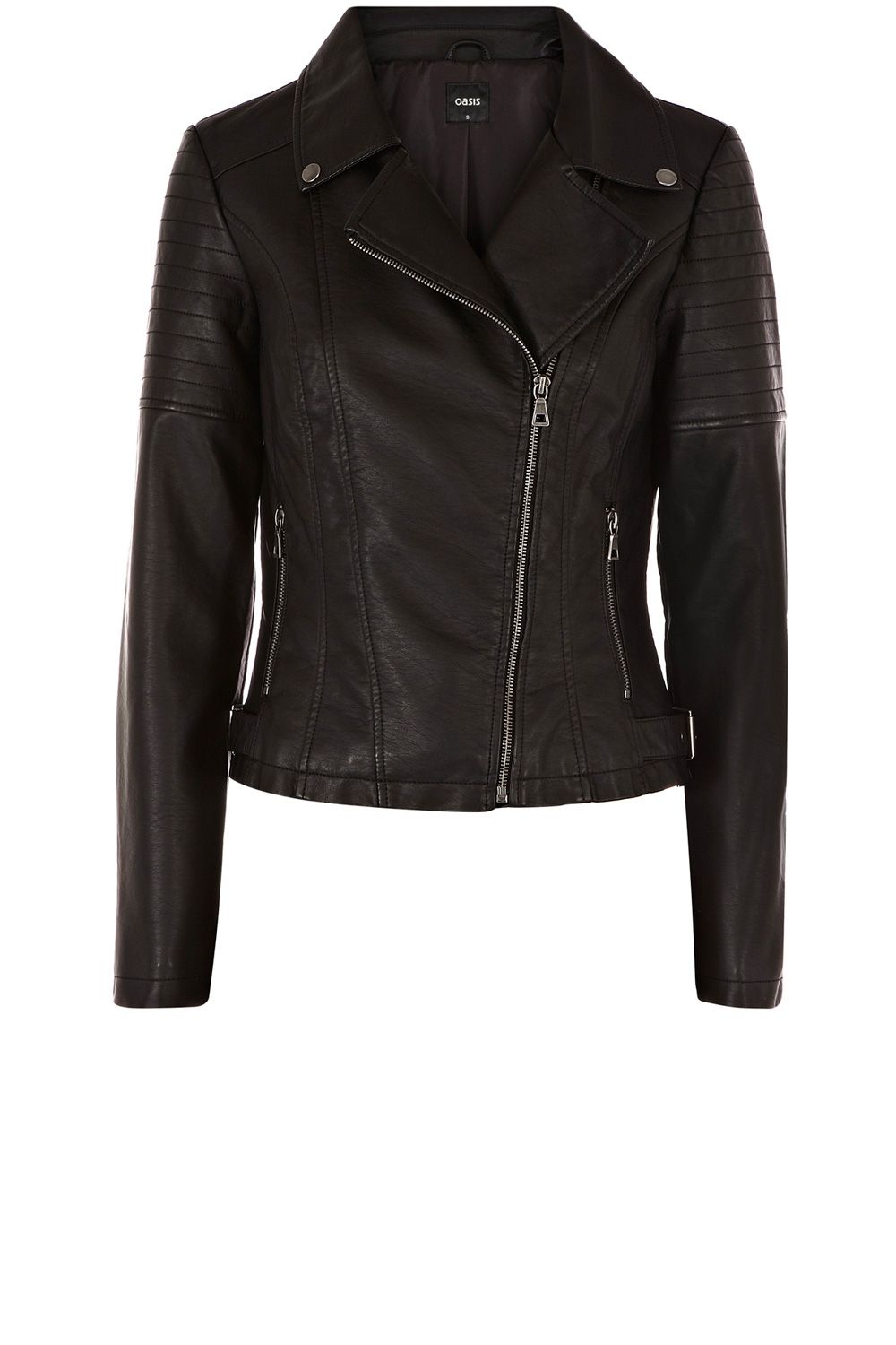 Oasis Becky Buckle Faux Leather Biker Jacket in Black | Lyst