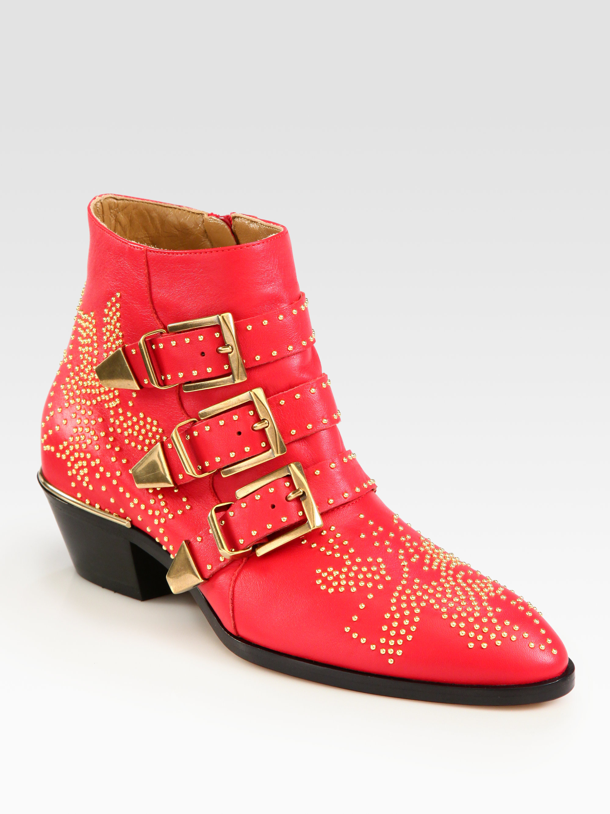 red buckle ankle boots