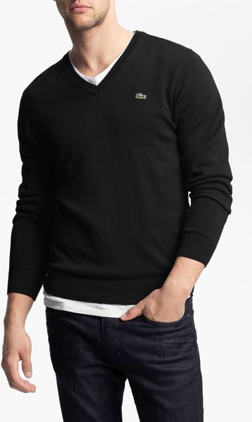 Lacoste Jersey Cotton Vneck Sweater in Black for Men | Lyst