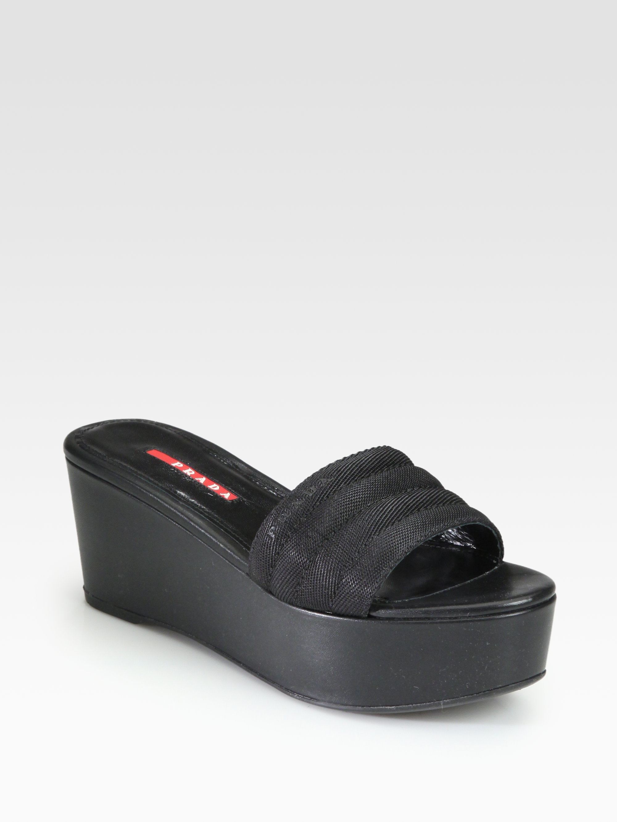 Prada Mesh Leather Wedge Slide Sandals in Black | Lyst
