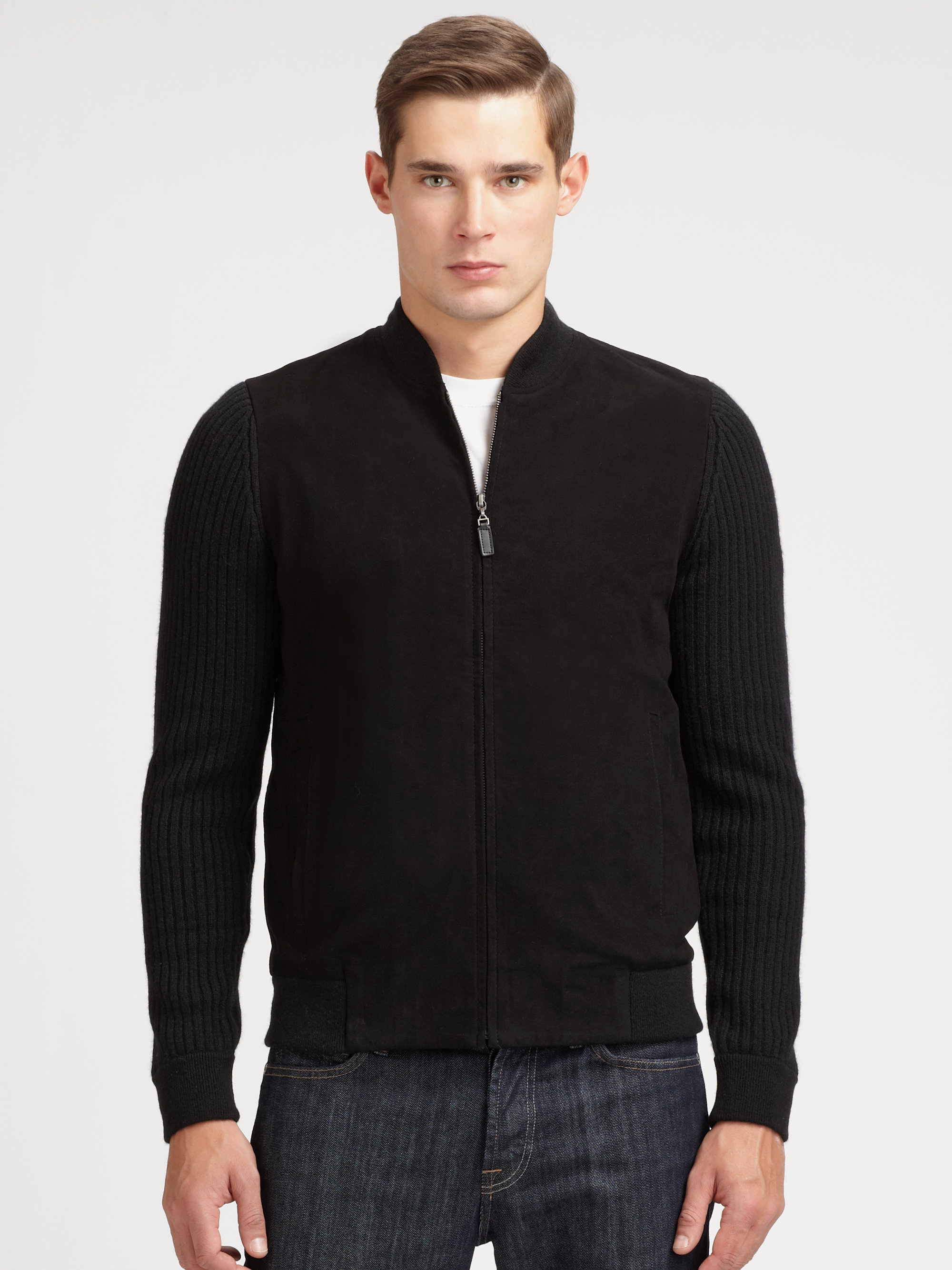 Saks Fifth Avenue Leather Cashmere Sweater in Black for Men | Lyst