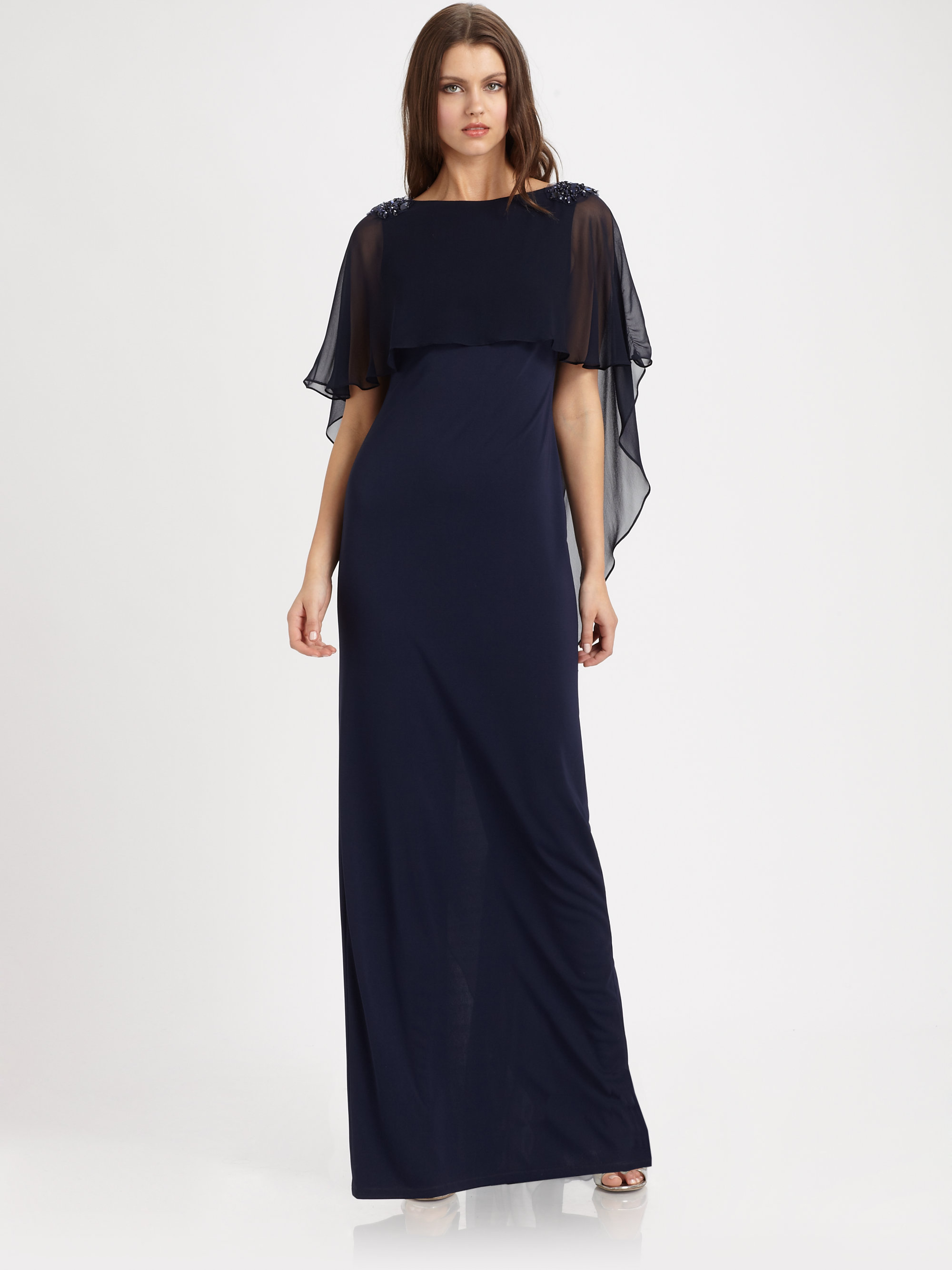 Teri Jon Silk Chiffon Gown in Navy (Blue) - Lyst