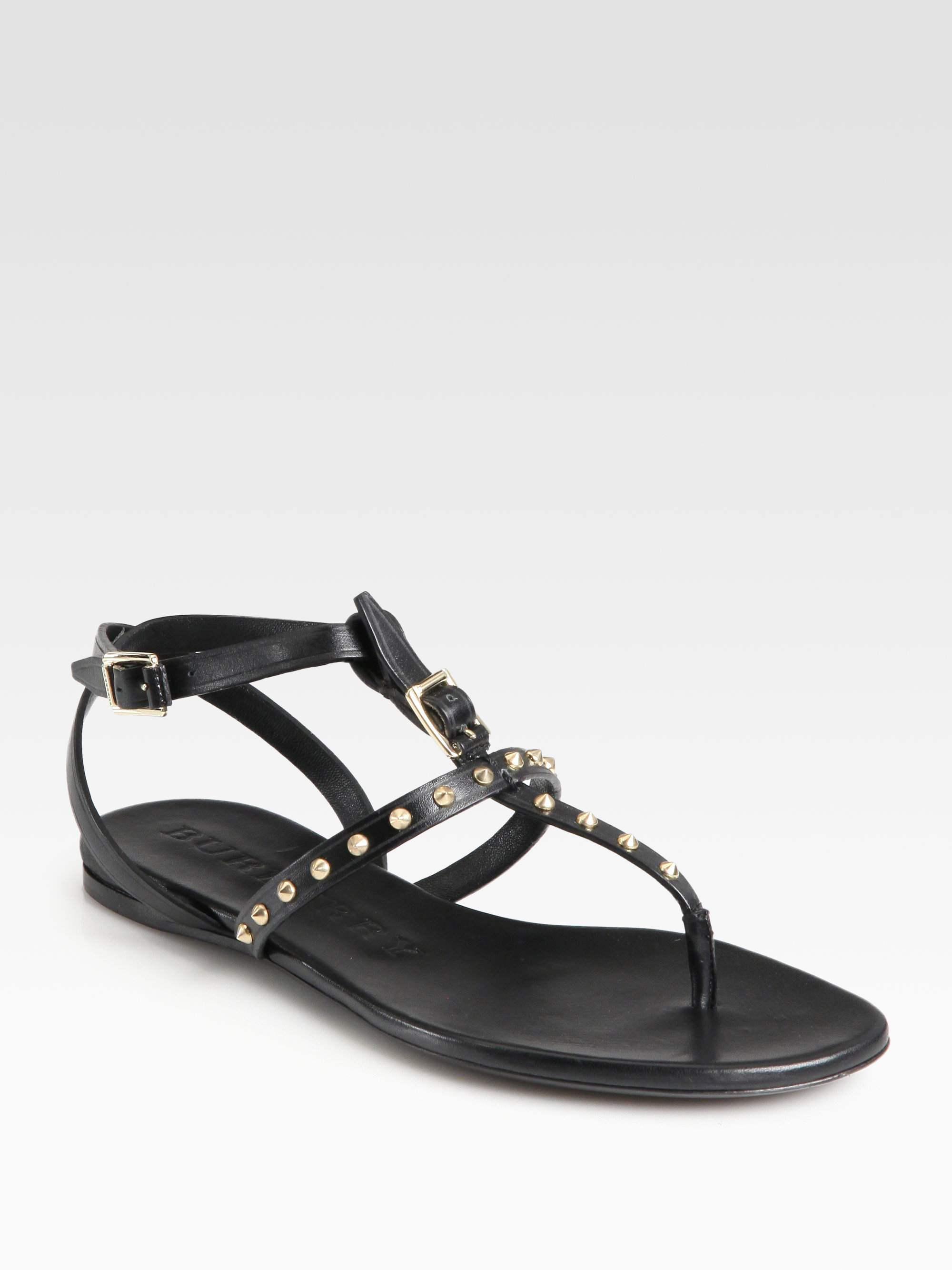 Burberry Masefield Studded Leather T-Strap Sandals in Black - Lyst