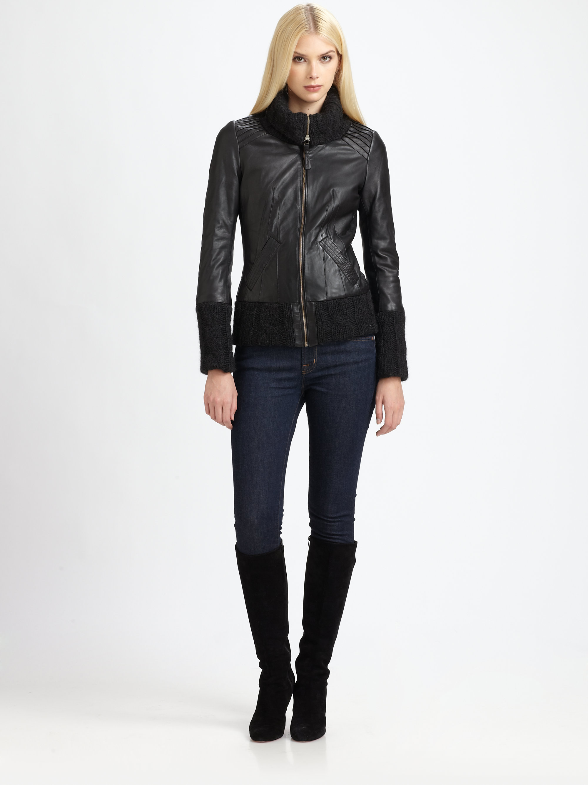 Mackage Knit collar Leather Jacket in Black Lyst