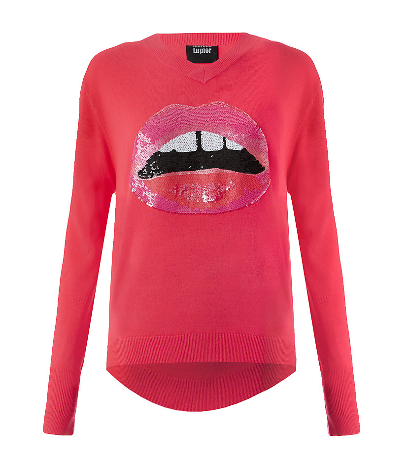 red jumper with sequin lips