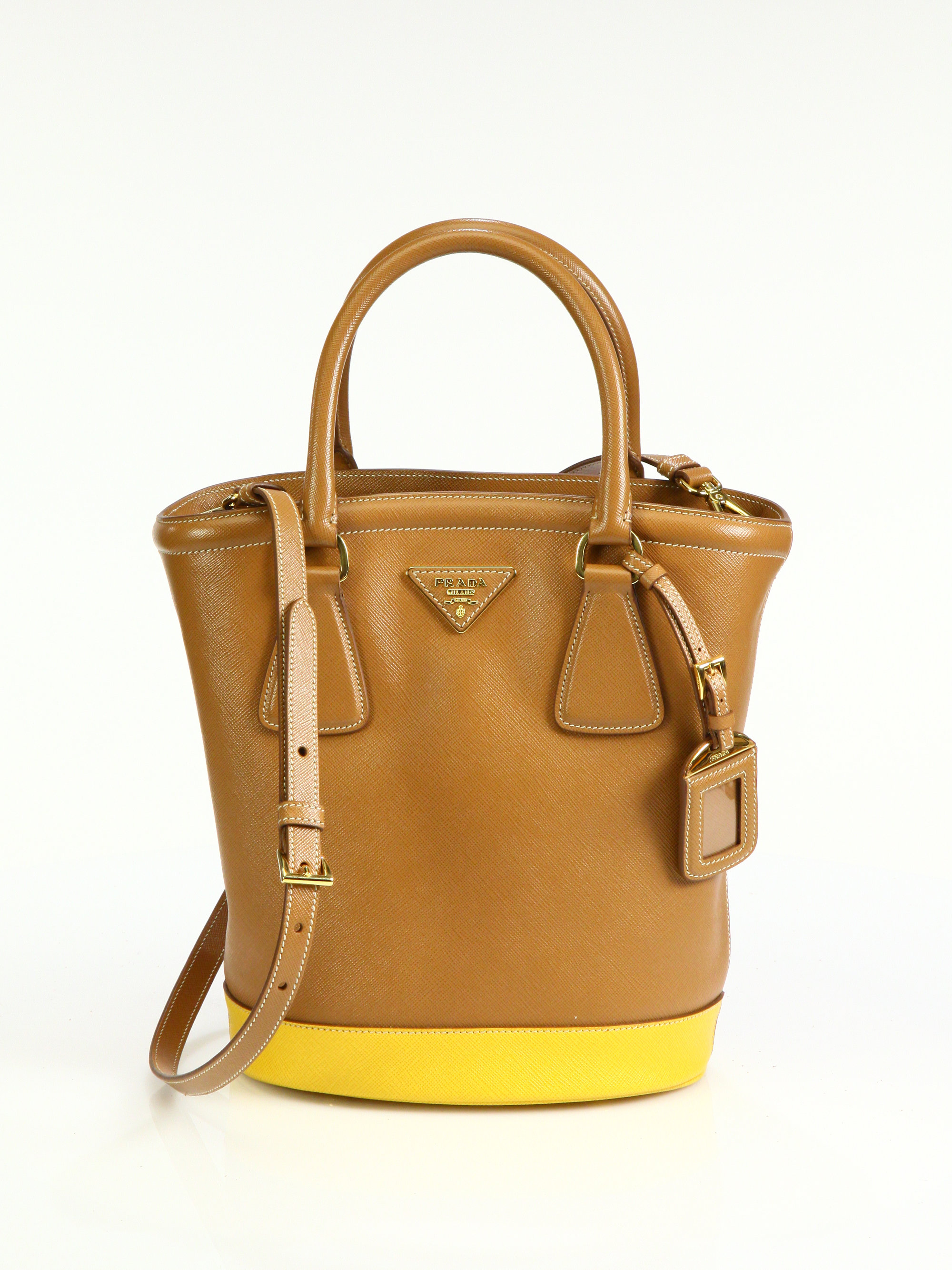 Prada Bi-Color Bucket Bag in Brown (caramel) | Lyst  